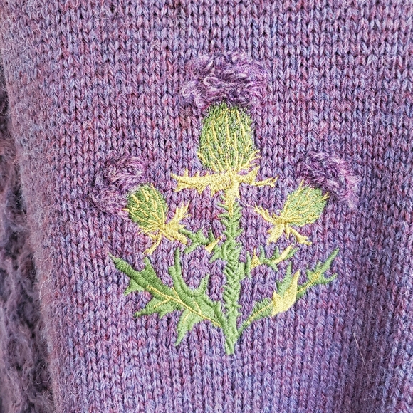 Vintage Acorn Chunky Aran Knit Purple Wool Thistle Fisherman Sweater - Picture 4 of 16